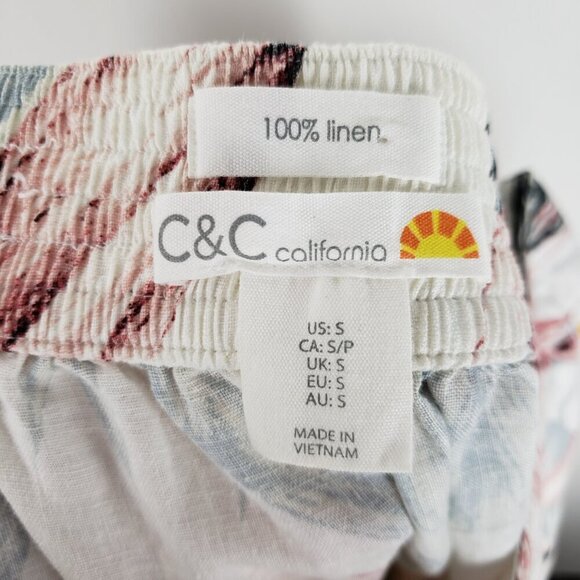 C&C California Wide Leg Linen Pull On Cropped Pants White Tropical Floral Size S - Picture 6 of 7